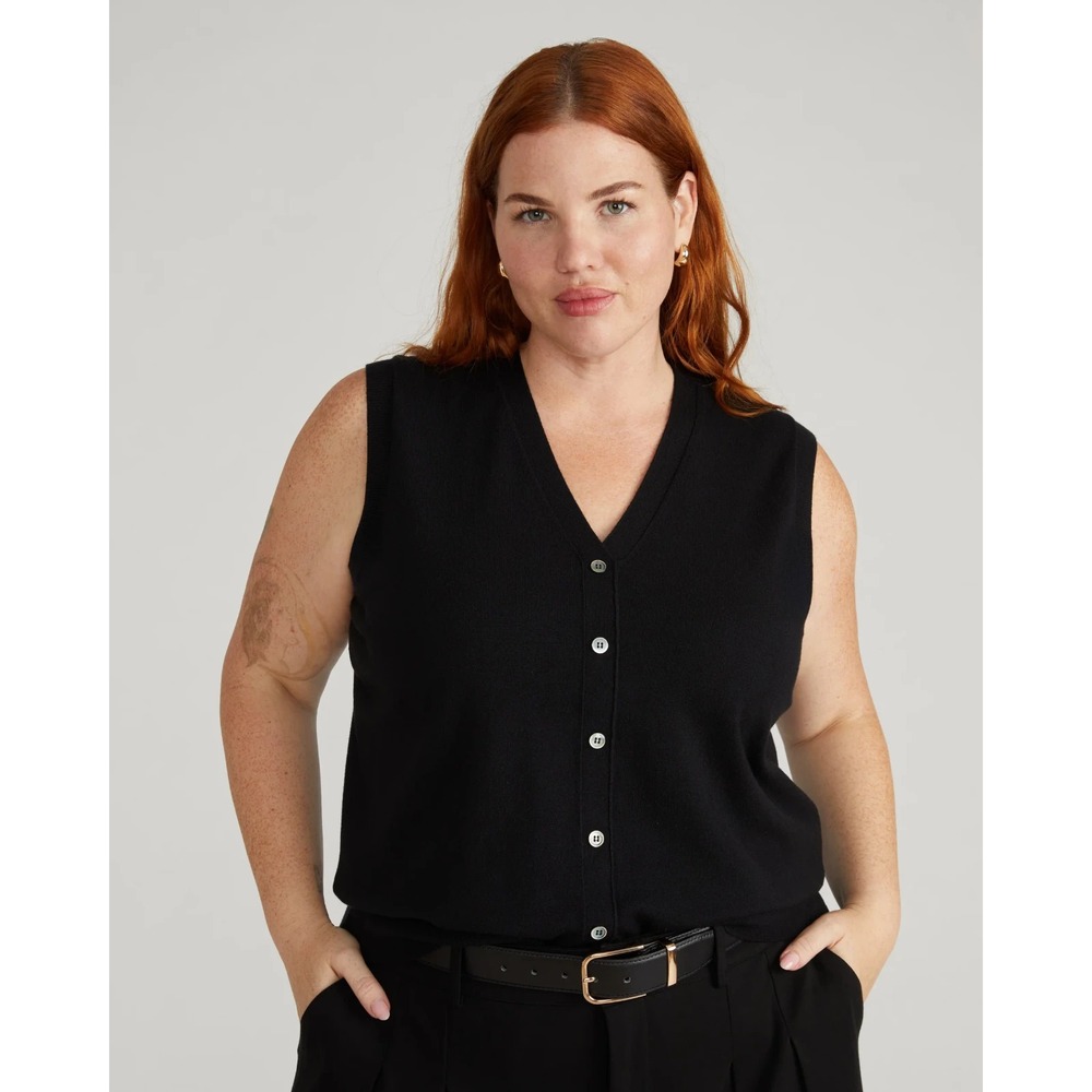 Universal Standard Women's S 14-16 Black Savvy Fine Knit Cardigan Sweater Vest